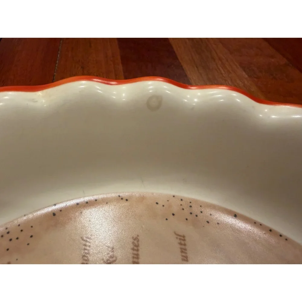 Jo-Ann Stores Ceramic Pumpkin Pie Recipe Dish Scalloped‎ Orange Rim 2005 Vintage